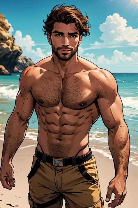 Cinematic soft lighting illuminates a handsome Middle Eastern male supermodel, incrivelmente detalhado e ultra-realista, look de praia, ultra short and messy light brown hair, olhos verdes claros, sorriso perfeito cativante, sensual, homem gostoso, incrive...