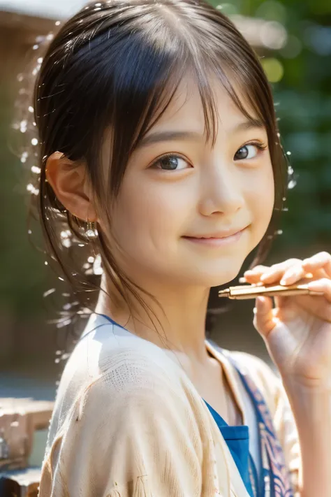 (highest quality, masterpiece), (beautiful 10 year old japanese girl), (freckles:0.6), soft light, ponytail, detailed eyes