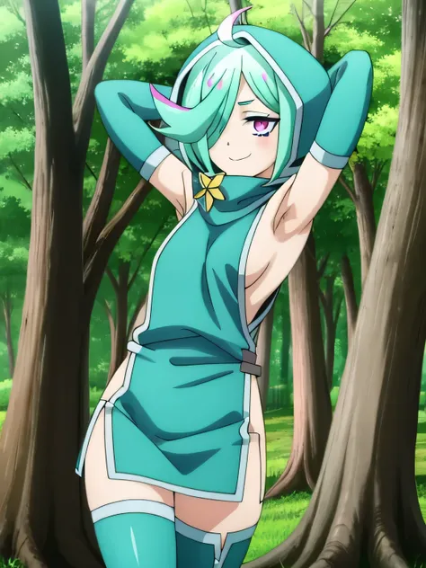 high quality, nemo anemo, short hair, green hair, (pink eyes:1.3), (hair over one eye:1.5), aqua hair, ahoge, thighhighs, detached sleeves, hood, eyes, sideboob, sideless outfit, closed mouth, solo, upper body, night sky, forest, arms behind head, contrapp...