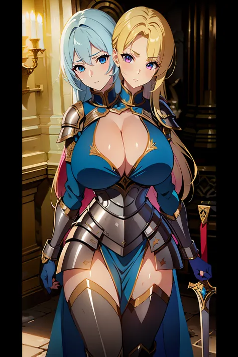 (masterpiece),(ultra-detailed), (high quality), (high resolution), (best quality:1.5, highres, UHD), highres, absurdo, ultra detail, ultra quality, (2heads:1.5), 1girl, (long hair), blonde hair, silver hair, (blue eyes), (pink eyes), cleavage, thighs, (whi...