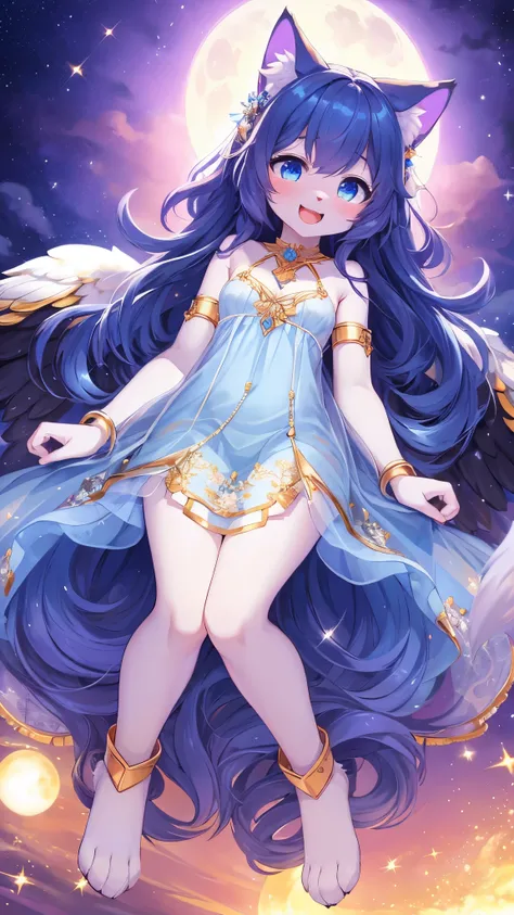 best quality,best resolution,(fluffy anthro furry :1.3),cat girl,small breasts,blue long hair,wavy hair,sparkle eyes,white fur,light blue dress,transparent dress,see through,gold bracelets,gold body accessories ornaments,floral hair ornaments,gold body orn...