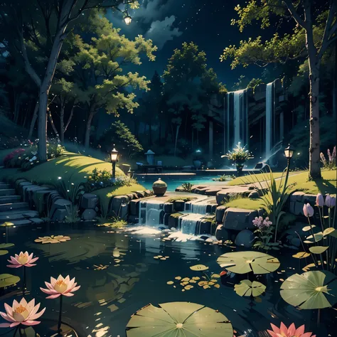 （romantic、innocent、𝓡𝓸𝓶𝓪𝓷𝓽𝓲𝓬、landscape、tyndall effect）,night，meteor shower，many water lilies floating in the pond，hanging lantern...