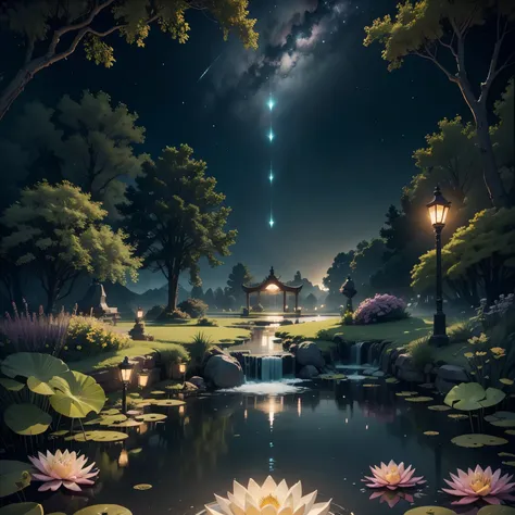 （romantic、innocent、𝓡𝓸𝓶𝓪𝓷𝓽𝓲𝓬、landscape、tyndall effect）,night，meteor shower，many water lilies floating in the pond，hanging lantern...