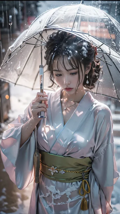 (RAW shooting, Photoreal:1.5, 8K, highest quality, masterpiece, ultra high resolution), ((((heavy snow, Blizzard)))), Highly detailed skin and facial textures:1.3, perfect dynamic composition:1.2, (In front of a shrine at night in a modern city, expression...