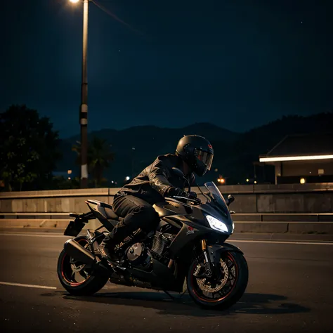 A man riding a high-speed motorcycle on a dark night