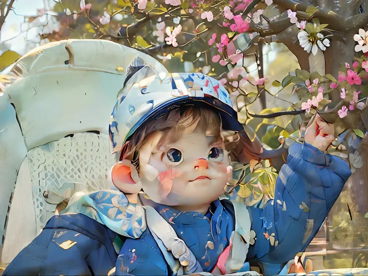 There is a baby in a blue jacket and hat sitting in a high chair, Kasuga, Flowers on the heir&#39;s cheeks, wearing a cute hat, Under the cherry blossom tree, Shot with Canon eos 5d mark IV, Shot with Sony alpha 9, cute korean face, wearing travel hat, Col...