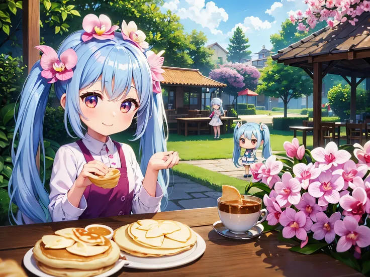 Cafe in the Orchid Flower Garden　Cute Chibi Character Pastry Chef、pastry chef clothes、Light blue long hair、twin tails、bright smile、making crepes、Decorated with many orchid flowers、