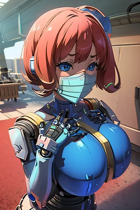 robot girl, humanoid robot, robot joints, full face mask, huge tits