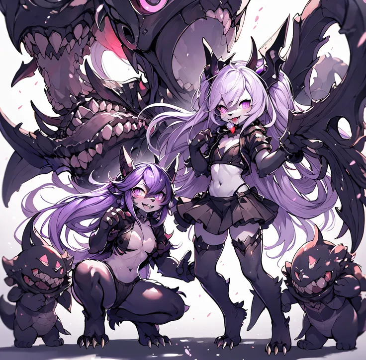 Female Dragon. KanColles abyssal fleet element. ((Furry)). A turret with mouth. double teeth. purple color. metallic black shell. Anime style.