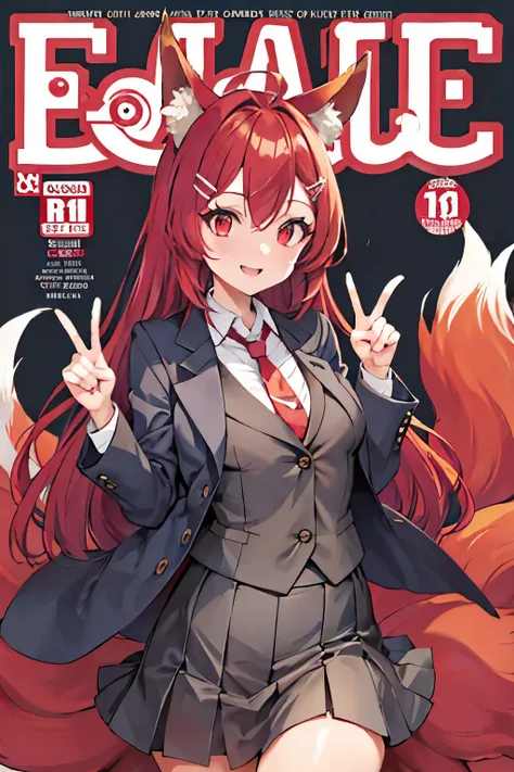 Firefox-Skollie, red eyes, fox girl, multiple tails, multicolored hair, 1girl, hairclip, solo, light smile, small breasts, looking at viewer, 
, pleated skirt, necktie, open jacket, magazine cover, simple background, 
(masterpiece:1.1), (best quality:1.1),...