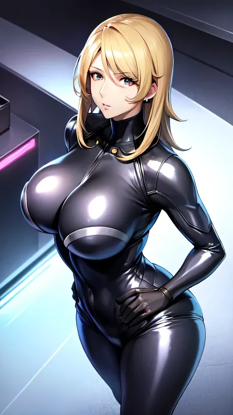 Milf, woman in a futuristic suit, highly detailed face, cool, mom, tomboy, very large breast, (Milf), mature face, (mature female), cybersuit, anime girl wearing tight suit, milfication, Elegant body, navel focus, naked body, gloves, earrings, science fict...