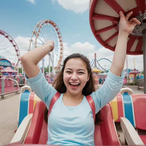 Create an image of a very happy  at the amusement park