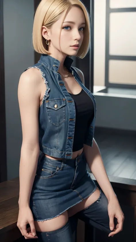 highest quality, High resolution, AND18, 1 girl, android 18, alone, blonde hair, blue eyes, short hair, cute smile，earrings, jewelry, denim dress, open vest, black sports bra, jeans miniskirt,  blue mini skirt, small breasts, cowboy shot, she is wearing bl...