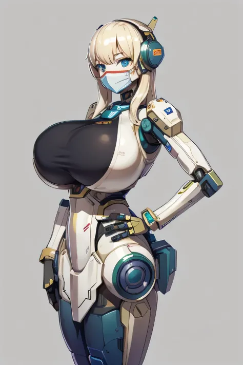 robot girl, humanoid robot, robot joints, full face mask, huge tits