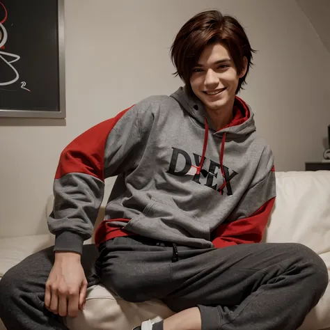 A anime boy wearing a red hoodie and a dark gray short pant, have a red dark hair with "XD" Shape hair pin. And he is smiling