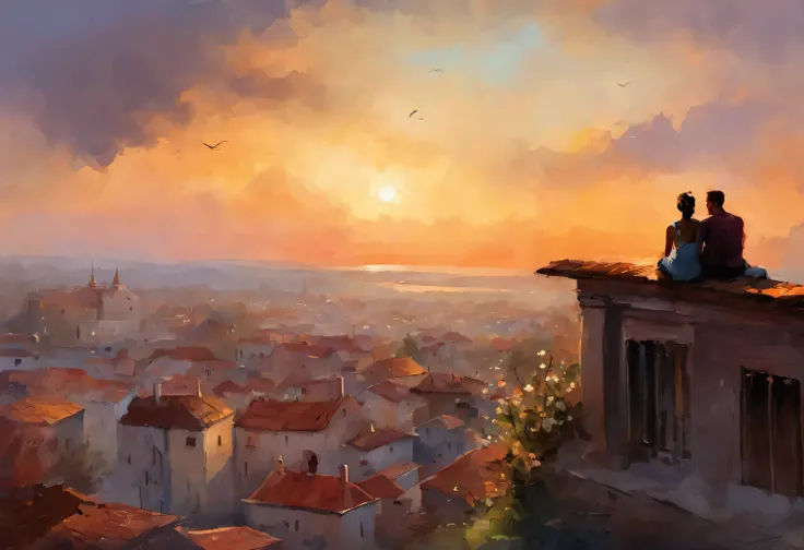 rooftop view of a town, silhouette of a lovely couple sitting the roof watching the sunset artwork painting and spray paint effect, by Eugeniusz Zak, watercolor art, by Károly Lotz, watercolor painting, watercolor painting style, watercolor detailed art, b...