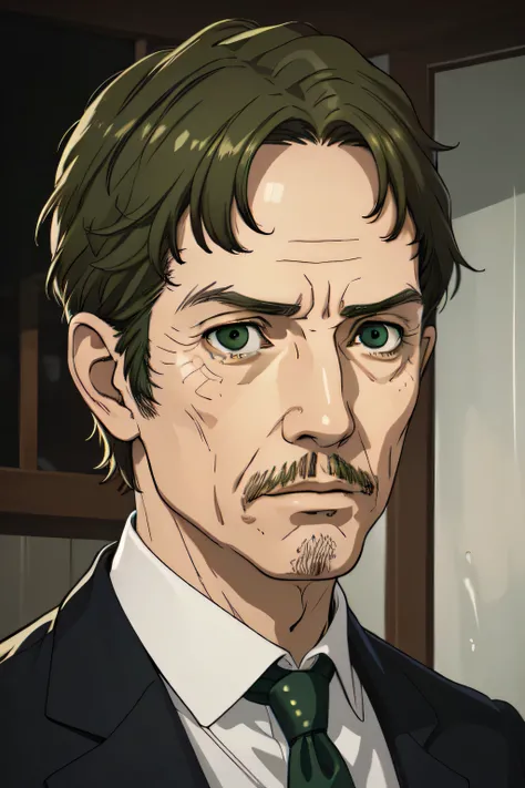 (best quality,ultra-detailed,realistic),portraits,man,adult,alone,old,mature,serious,green eyes,extremely detailed green eyes,very short brown hair,[short hair],[brown],suit, old man