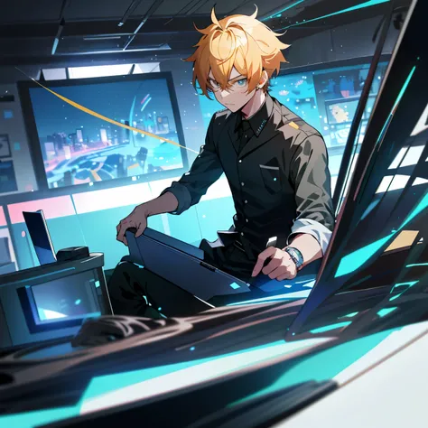 Anime boy sitting at a sleek desk, engrossed in his work as he operates a state-of-the-art laptop and high-resolution monitor. The vibrant 4K animated wallpaper creates a visually stunning backdrop, immersing the viewer in the dynamic world of anime. With ...