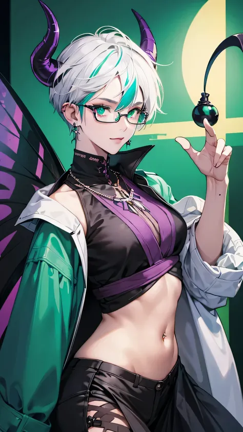 8k, masterpiece, best quality, highly detailed, 1girl, tiefling, doctor coat, multicolored hair, very short straight hair green highlight hair on white hair, strippled hair, wearing glasses, earrings, necklace, mole, glowing green eyes, glamorous, hospital...