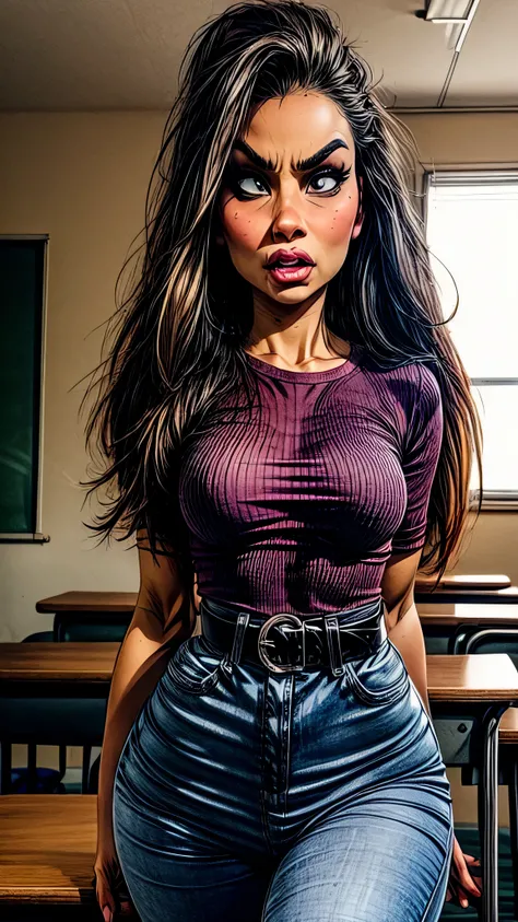 Arrogant female teacher wearing high waisted jeans great belt and shirt, high beautiful detailed eyes, beautiful detailed lips, sexy, arrogant angry expression, long hair, sexy complexion, elegant pose, subtle makeup, full body view, classroom, full body v...