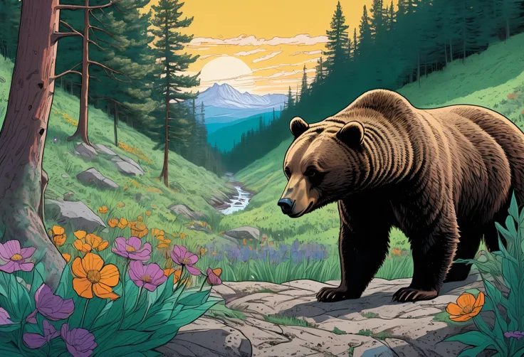 over the shoulder, perspective of hibernating bear awakening to the first dawn of spring, exiting the bears cave looking out onto the spring vista of rewilding full bloom thriving spring dense forest full of flora and fauna, joelle jones expressive art sty...