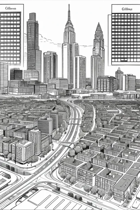 coloring pages for adults, aerial axonometric view of neighborhoods in Columbus Ohio with city skyline and Scioto Mile in the background with bike paths, houses, shops and businesses in the foreground, in the style of Cartoons, Rounded Lines, Low Detail, D...