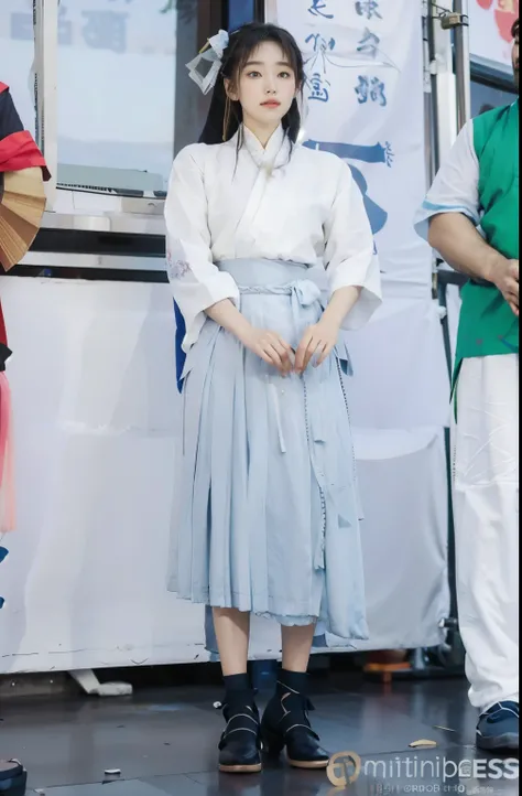 Arafif is on stage with both men and women, Not wearing any clothes, wearing a white skirt, wears long flowing clothes, wore a long smooth skirt, wearing a blue cheongsam, hanbok apron, Gia, Shin Min-jung, kimono, blue skirt, What I&#39;m wearing, in a blu...