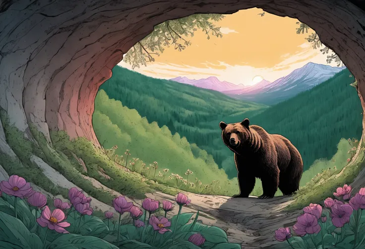 over the shoulder, perspective of hibernating bear awakening to the first dawn of spring, exiting the bears cave looking out onto the spring vista of rewilding full bloom thriving spring dense forest full of flora and fauna, joelle jones expressive art sty...