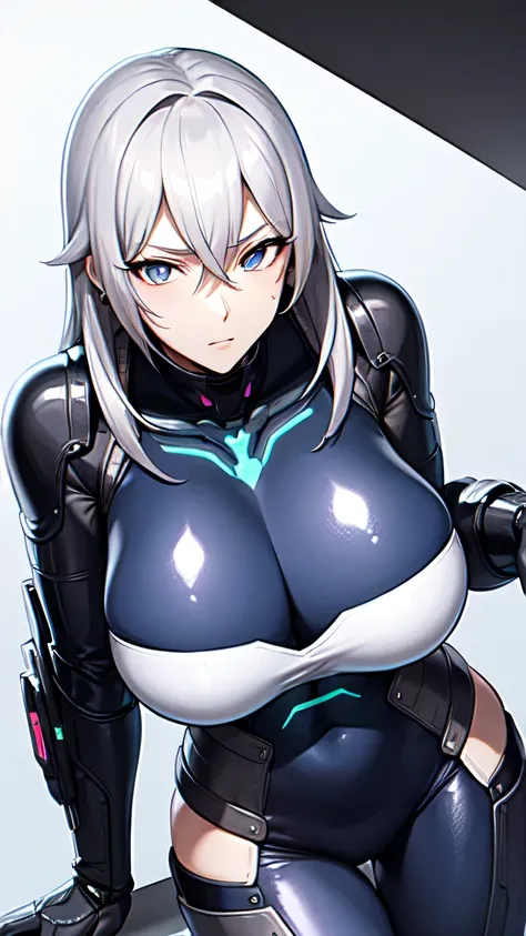 Milf, woman in a futuristic suit, highly detailed face, cool, mom, tomboy, very large breast, (Milf), mature face, (mature female), cybersuit, anime girl wearing tight suit, milfication, Elegant body, navel focus, naked body, gloves, earrings, science fict...