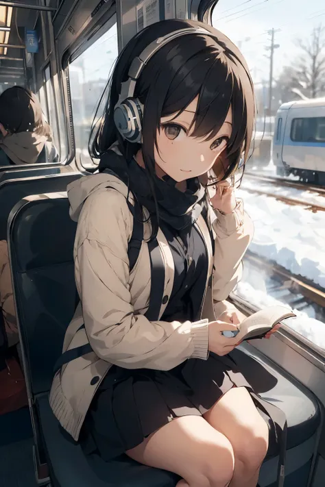 Girl On The Train、wearing headphones、sitting、Listening to music、I can see snow from the train window、向かいあわせでsitting、The girl is wearing a scarf、reading a book、far away