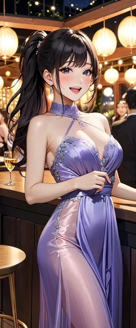 woman,20-year-old,,party venue,night,(((sexy silk dresses))),,open mouth smile((Beautiful ponytail)),((black hair)),blush、,,(See-through)