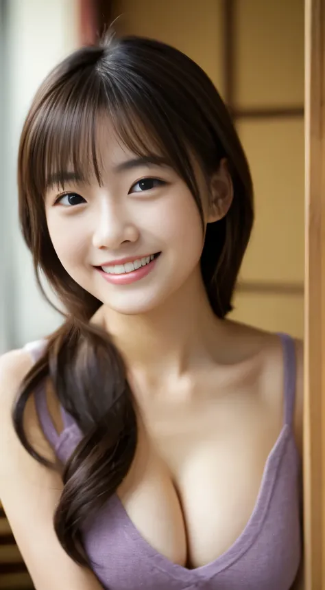 masterpiece,best quality,(Japanese ),((Beautiful girl)),cleavage,indoor,(perfect body beauty:1.2),(shy smile),beautiful teeth,