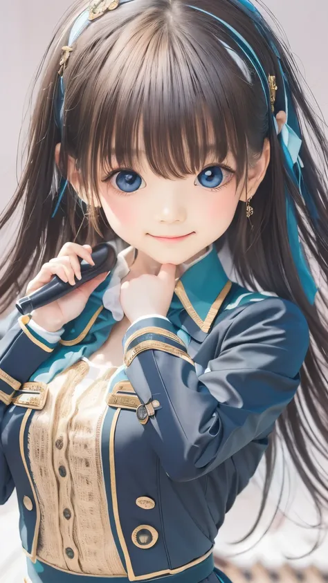 idol uniform , mic , stage , master piece , best quality , detailed , bangs , woman ,flat chest, smile
