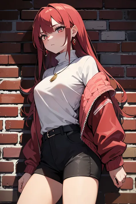 (masterpiece, best quality, 1 girl, alone, intricate details, Color difference), actual, ((medium breathing)),long hair, Red hair, red decoration on head, pink highlights, amber eyes, earrings, sharp vision, necklace, neon shirt, ripped shorts, unbuttoned ...