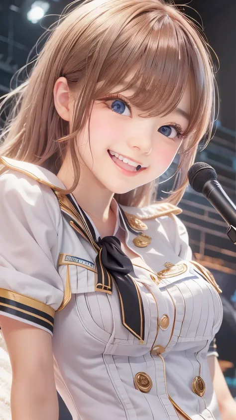 idol uniform , mic , stage , master piece , best quality , detailed , bangs , woman ,flat chest, smile

