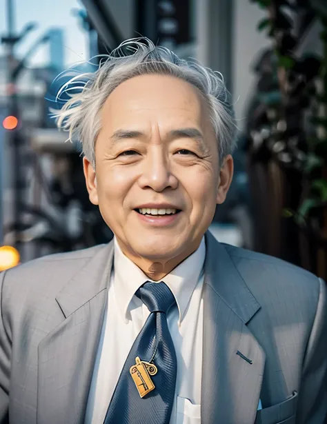 Highly realistic photo, ((masterpiece), (best quality), (raw photo), (photorealistic:1.4), Portrait of Vietnamese old man, 80 years old, ((gray hair)), ((wearing a dark suit)), ((light blue background)), photo taken by Sony A7IV