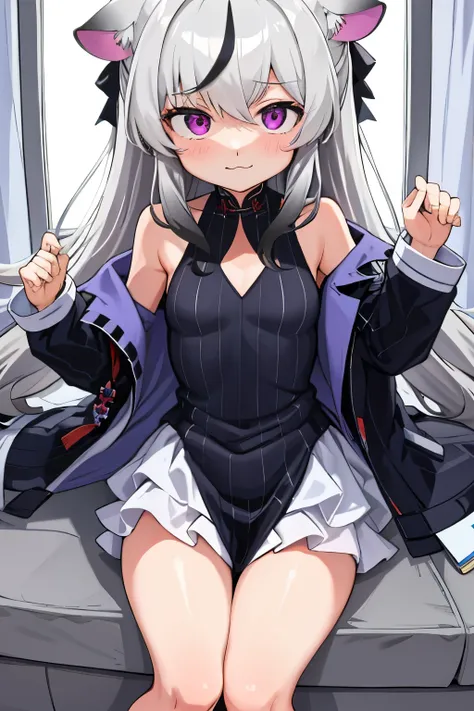 tmasterpiece， best qualtiy， ultra - detailed， 1girll，Gray hair Kokona， inside in room， Purple eye， ：3，the face  closeup cleavage,  Winter suit, winter wonder