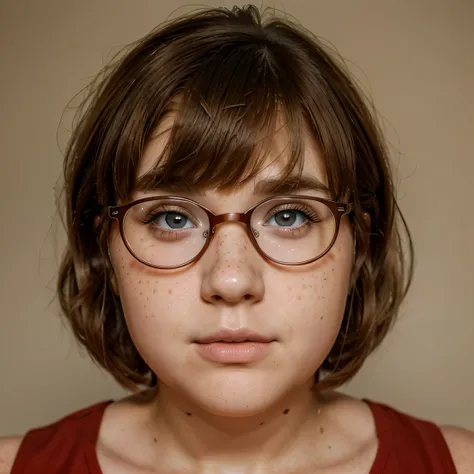 Pageboy hairstyle Velma Dinkley from Scooby Doo face up close glasses soft brown eyes chubby cheeks soft innocent looking  like face lots of freckles deep visible pores in her face shiny oily glow to her greasy face extremely obese teen face glossy oily sk...