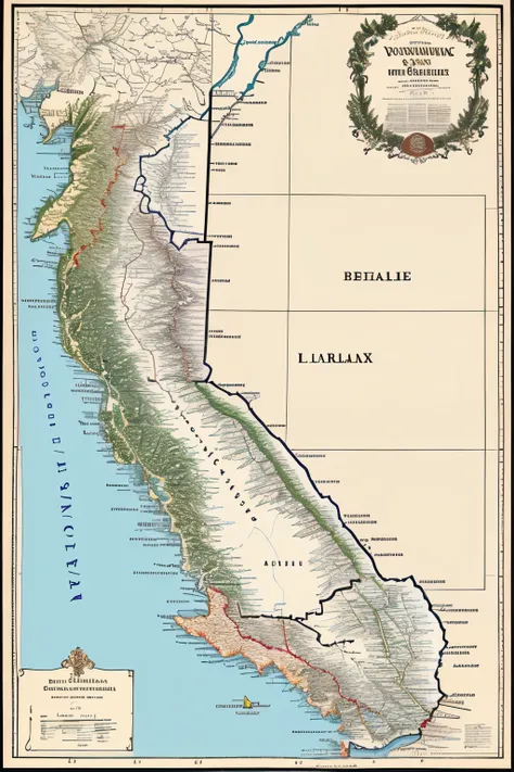 Photorealistic, ultra-detailed map of the wine regions of France, with a specific focus on the Bordeaux areas as depicted in Louis Larmats French Wine Districts - Bordeaux map. The topography is meticulously represented, showcasing the undulating hills, va...