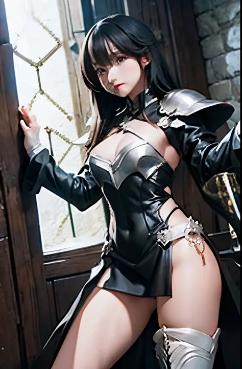 highest quality、long black hair woman、knight、have a sword、white armor、No sleeve、Cleavage exposed、small breasts、High leg、Thigh exposure、The background is a medieval castle at night