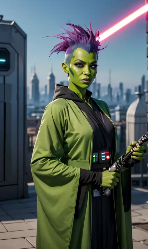 a digital drawing of an alien jedi woman, wearing jedi robes, with colorful feathers for hair, punk mohawk hairstyle, green skin...