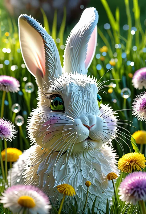 (best quality,4k,8k,highres,masterpiece:1.2),ultra-detailed,(realistic,photorealistic,photo-realistic:1.37),crystalline bunny,detailed eyes and face,blown glass dandelions,colorful spring morning [illustration, vivid colors],bright sunlight,lush green gras...