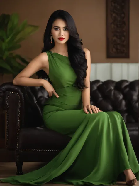 Beautiful Indonesian girl, white skin, black hair, long hair, breast, green dress, siting sofa.