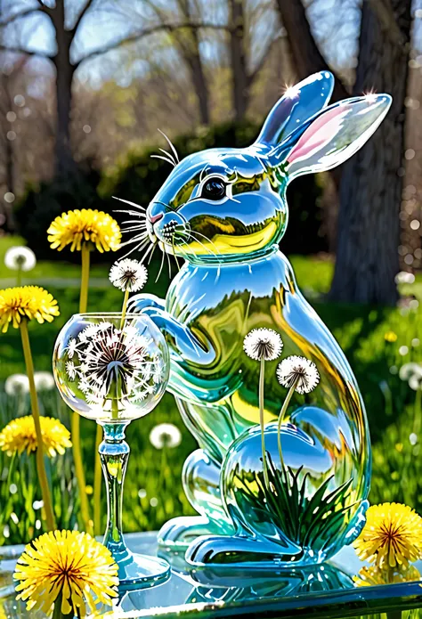 A crystalline bunny approaches nibbles on blown glass dandelions, it is a colorful spring morning 