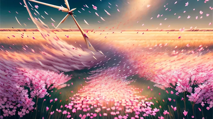 (((masterpiece))), ((super fine, 16k)), sunrise, light powder, (cherry blossom petals filling the field of vision:1.4), dancing spring storm, (wind, wind-effect:1.7), first spring wind, spring morning