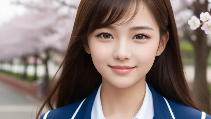 (1girl), 15yo, enchanting smile, (highly detailed eyes, highly detailed face), Fresh, very clean appearance, (hyper-realistic, hight resolution), (best Quality:1.4), Professional Photography, (high school uniform:1.2), cherry blossoms, focus on the face, 