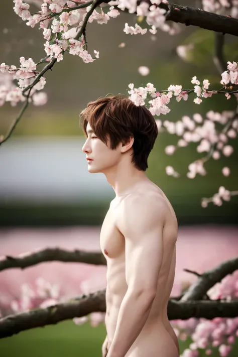 Masterpiece,Very detailed CG unity 8k wallpaper.,1 boy, beautiful, realistic, Blurry, Blurry_background, Blurry_ahead, branch, brown_hair, plum blossom, Depth_of_stadium, flower, nose, realistic, alone,Chinese clothes, Just didn&#39;t wear anything., total...