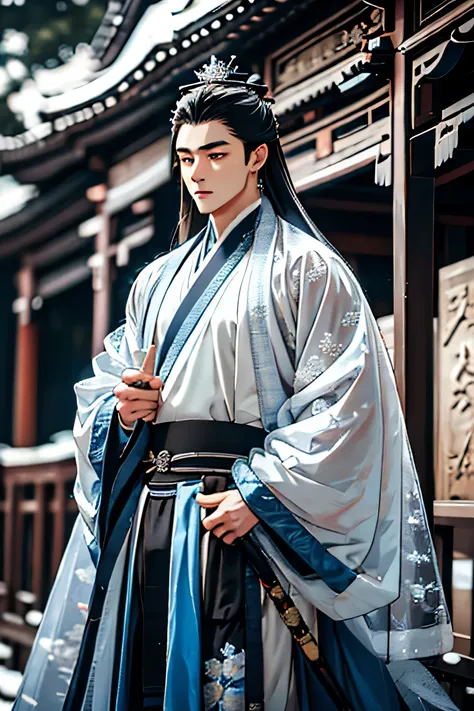 Zhao Qingxue is a young prince with stunning appearance，Holding a long sword，Dressed in white，His face is handsome and heroic，There is a sense of indifference and determination between the eyebrows。Slender and tall figure，Skin as white as snow，Revealing th...