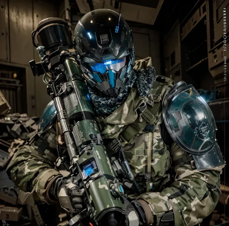 male soldier, modern cyborg style armor, cyborg helmet, green camouflage military uniform with blue details, belt with ammunition, tubes and cables, holds a laser cannon, details in blue, is in a battlefield, explosions, fire, smoke, debris Ultra detailed,...