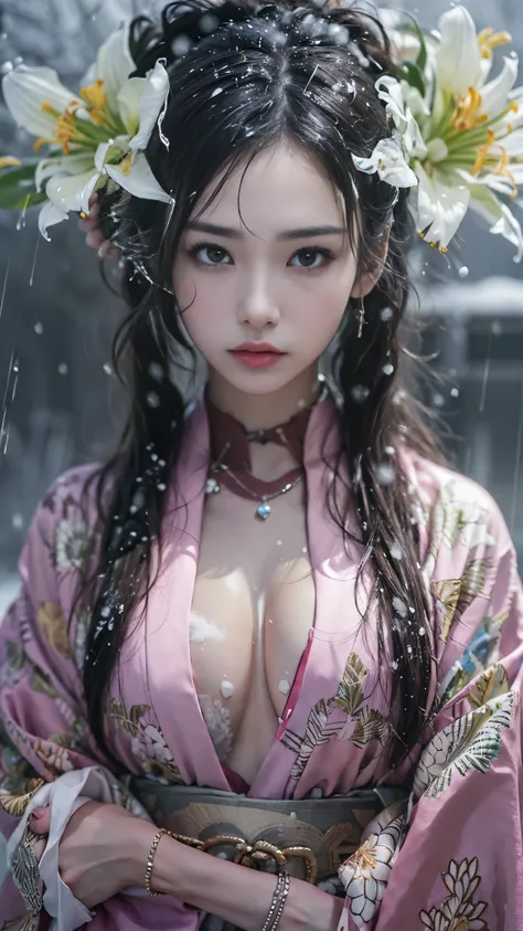 (RAW shooting, Photoreal:1.5, 8K, highest quality, masterpiece, ultra high resolution), ((((heavy snow, Blizzard)))), Highly detailed skin and facial textures:1.3, perfect dynamic composition:1.2, (In front of a shrine at night in a modern city, expression...